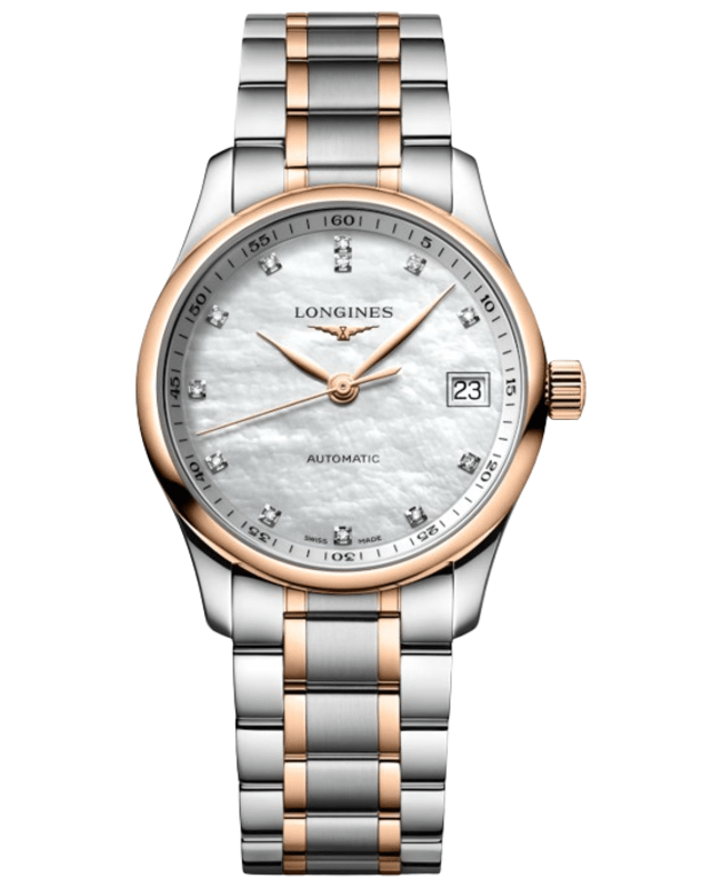 Longines Master Collection Automatic 34mm White Mother of Pearl Diamond Dial 18K Rose Gold & Steel Women's Watch L2.357.5.89.7
