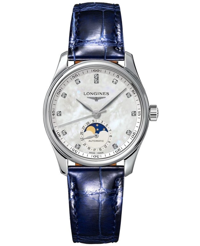Longines Master Collection Automatic 34mm Mother of Pearl Diamond Dial Leather Strap Women's Watch L2.409.4.87.0