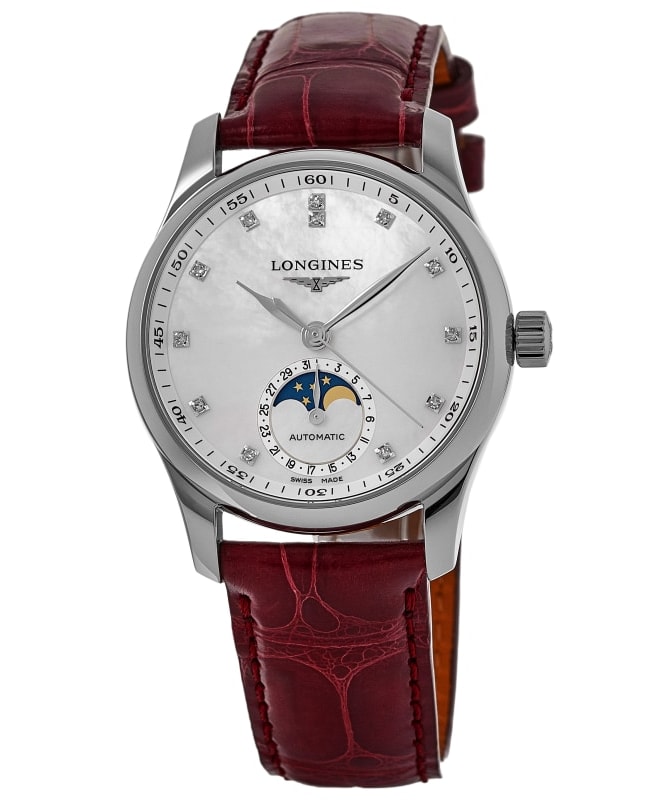 Longines Master Collection Automatic 34mm Mother of Pearl Diamond Dial Leather Strap Women's Watch L2.409.4.87.2