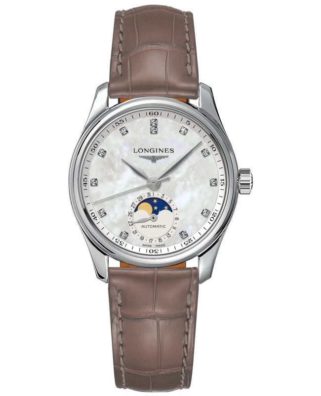 Longines Master Collection Automatic 34mm Mother of Pearl Diamond Dial Leather Strap Women's Watch L2.409.4.87.4
