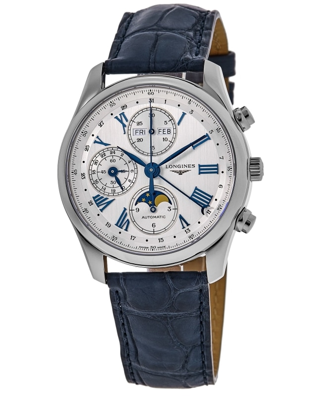 Longines Master Collection Moonphase Chronograph Silver Dial Leather Strap Men's Watch L2.773.4.71.2