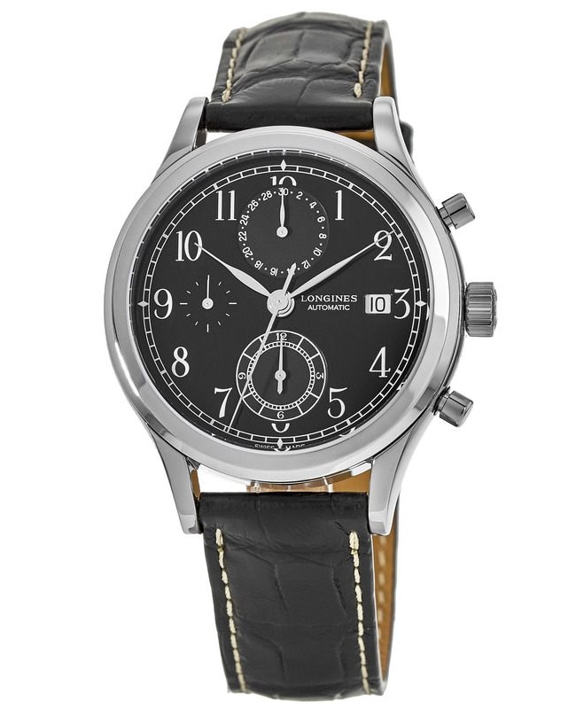 Longines Heritage Classic Chrono Black Dial Black Leather Men's