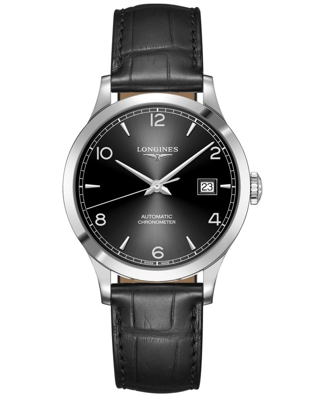 Longines Record Black Dial Black Leather Strap Men’s Watch