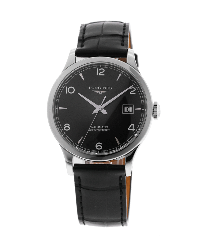 Longines Record Chronometer Automatic Black Dial Leather Strap Mens Watch L28204562 L28204562