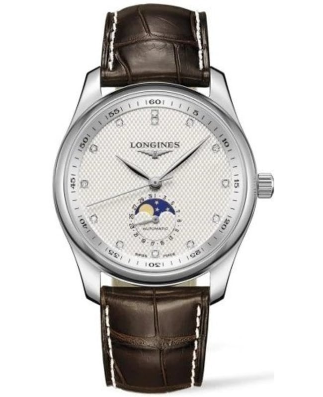 Longines Master Collection Moonphase Silver Dial Diamond Brown Leather Strap Men’s Watch