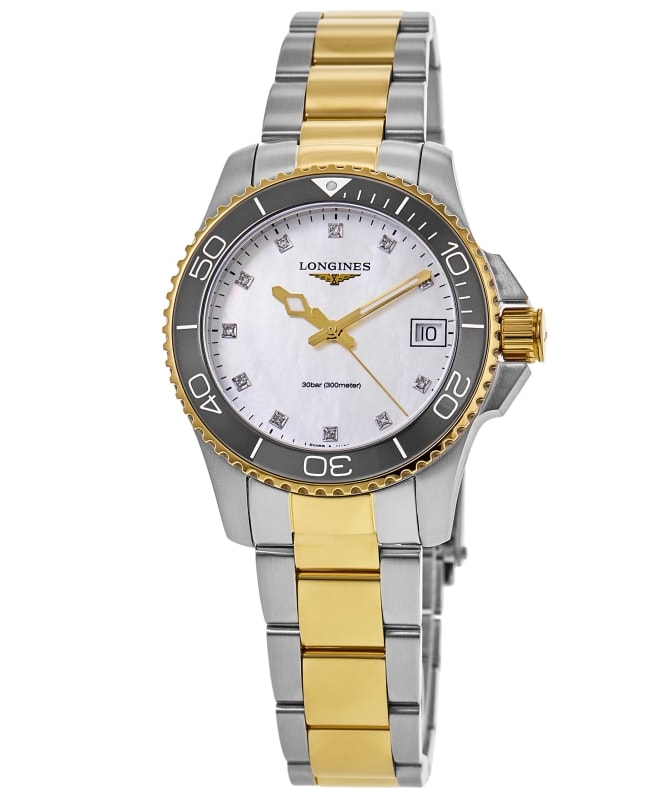 Longines HydroConquest Quartz White Mother of Pearl Diamond Dial Two-Tone Steel Women's Watch L3.370.3.87.6