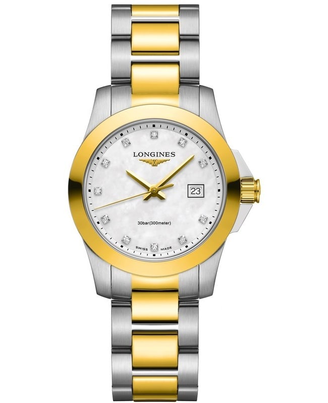 Longines Conquest Quartz Mother of Pearl Diamond Dial Stainless Steel and Yellow Gold PVD Women’s Watch