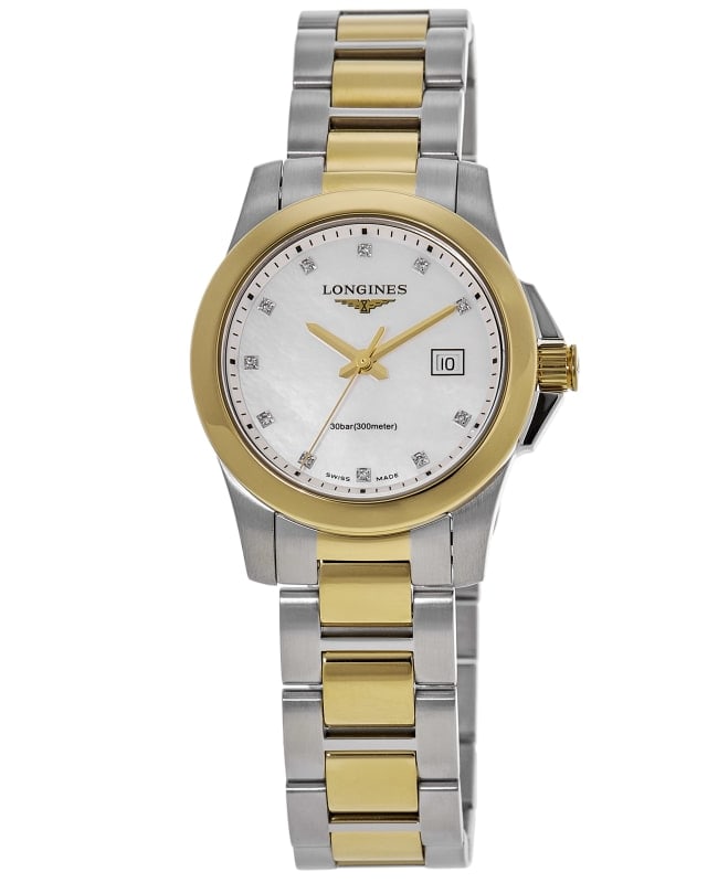 Longines Conquest Quartz Mother of Pearl Diamond Dial Yellow Gold PVD Steel Women's Watch L3.376.3.87.7