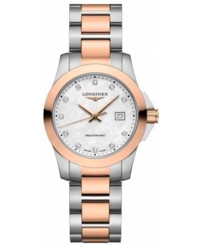 Longines Conquest Quartz Mother of Pearl Diamond Dial Stainless Steel and Rose Gold PVD Women’s Watch