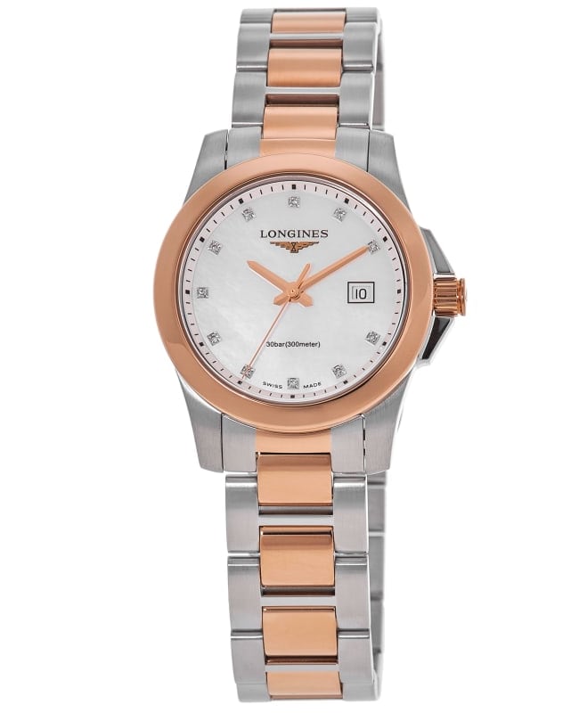 Longines Conquest Quartz Mother of Pearl Diamond Dial Rose Gold PVD Steel Women's Watch L3.376.3.88.7