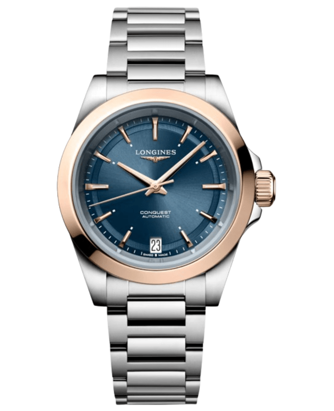 Longines Conquest Automatic Blue Dial 18K Rose Gold Plated Bezel Steel Women's Watch L3.430.5.92.6