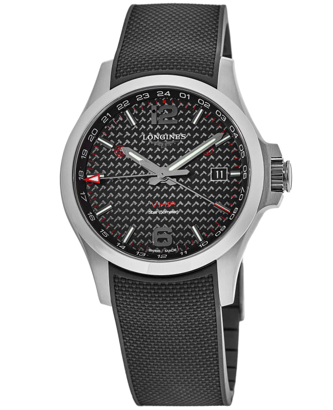 Longines Conquest V.H.P. GMT Black Carbon Dial Rubber Strap Men's Watch L3.728.4.66.9