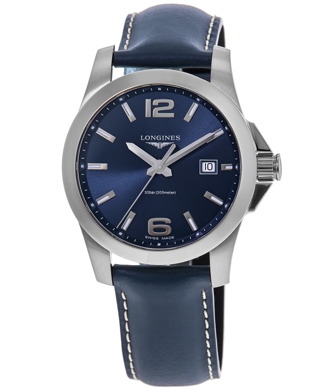 Longines Conquest Quartz Blue Dial Leather Strap Men's Watch L3.760.4.96.0