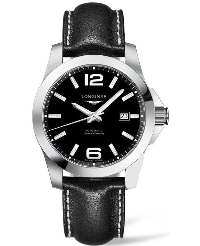 Longines Conquest Automatic Black Dial Black Leather Strap Men's Watch