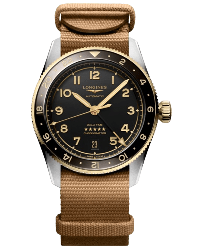 Longines Spirit Zulu Time Automatic Black Dial 18K Yellow Gold Bezel Nylon Strap Men's Watch L3.802.5.53.9
