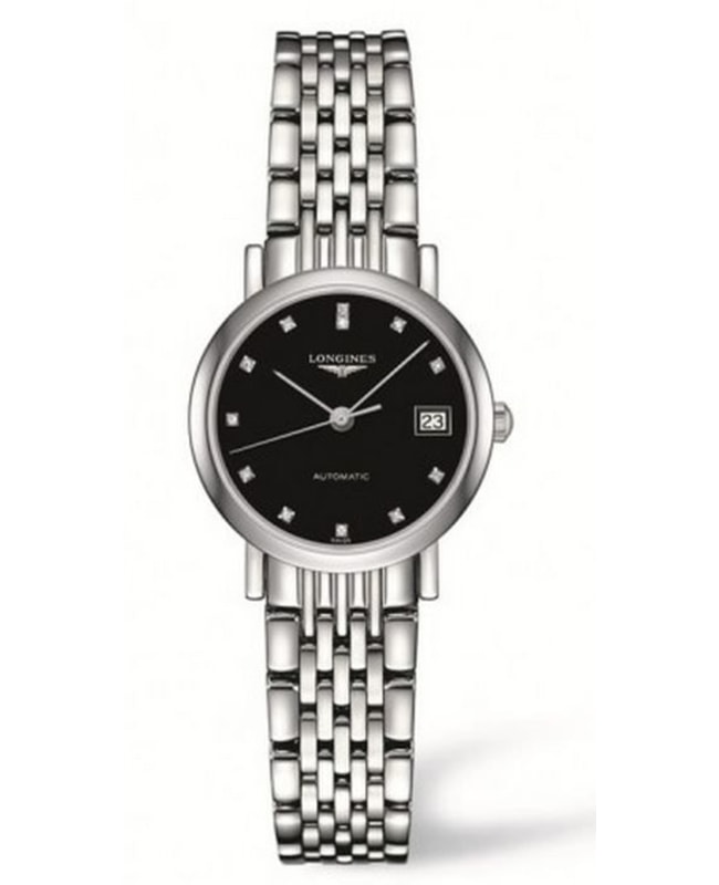 Longines Elegant Automatic Black Diamond Dial Stainless Steel Women's Watch L4.309.4.57.6