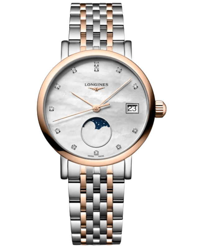 Longines Elegant Collection Automatic Moonphase Mother of Pearl Diamond Dial Rose Gold & Steel Women's Watch L4.330.5.87.7