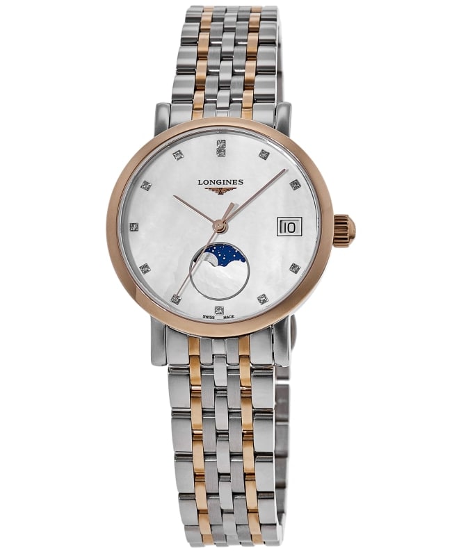 Longines Elegant Collection Automatic Moonphase 30mm Mother of Pearl Diamond Dial Two-Tone Rose Gold Cap & Steel Women's Watch L4.330.5.87.7 L4.330.5.