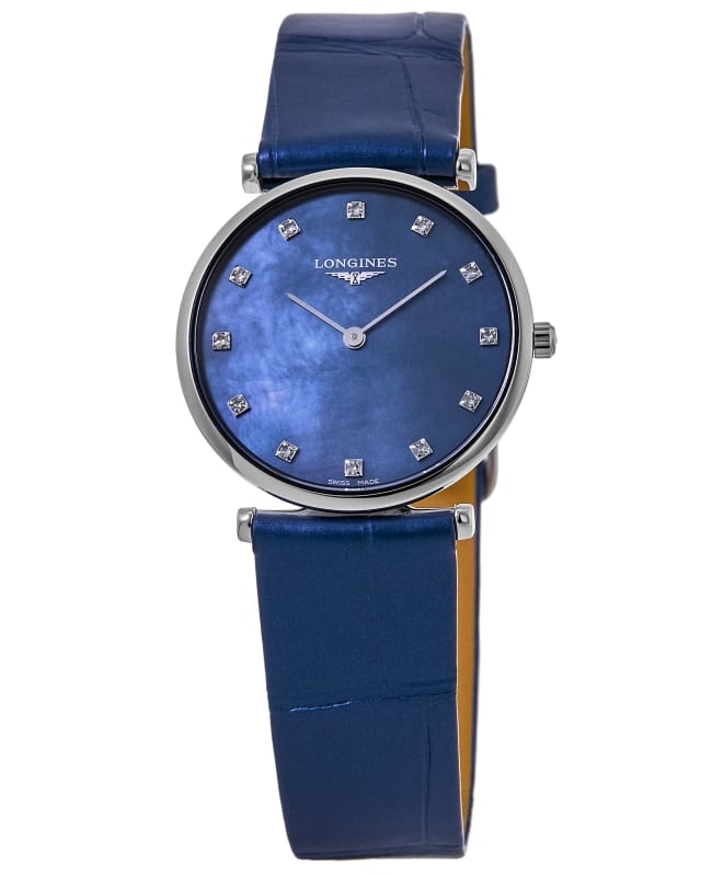 Longines La Grande Classique Quartz Blue Mother of Pearl Diamond Dial Leather Strap Women's Watch L4.512.4.81.2