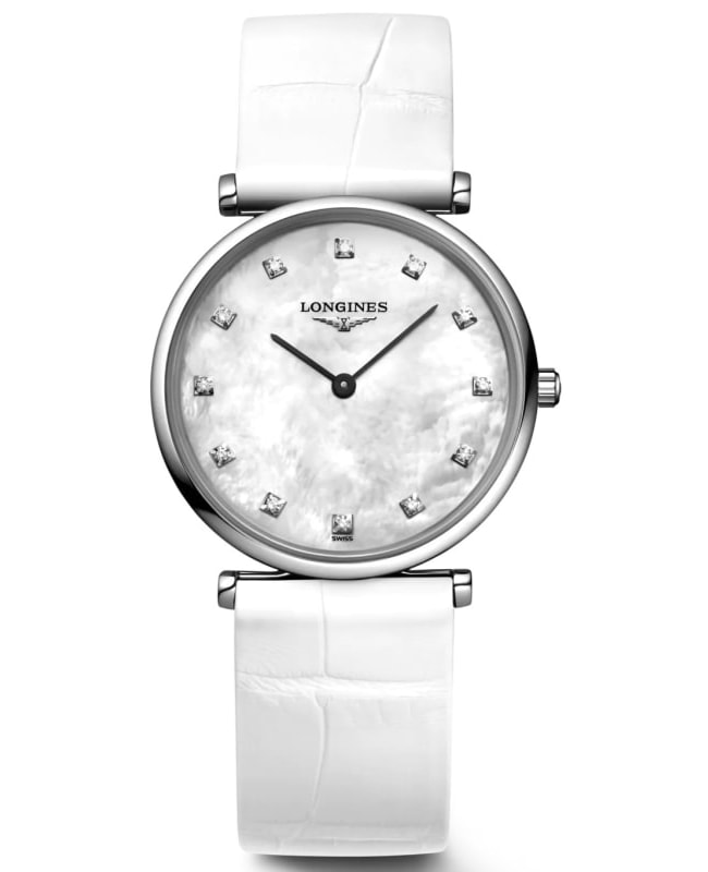 Longines La Grande Classique Quartz Mother of Pearl Diamond Dial White Leather Strap Women's Watch L4.512.4.87.B
