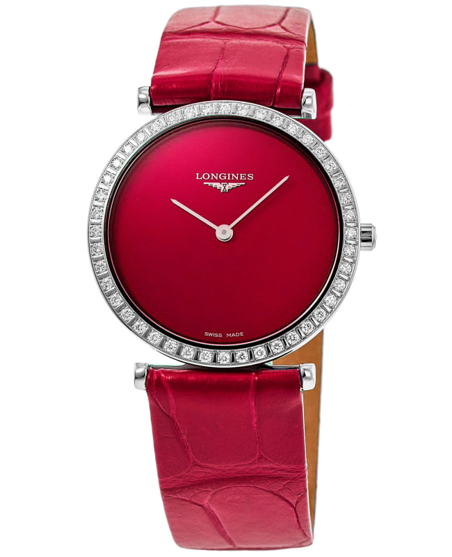 Longines La Grande Classique Quartz Red Dial Diamond Bezel Leather Strap Women's Watch L4.523.0.91.2