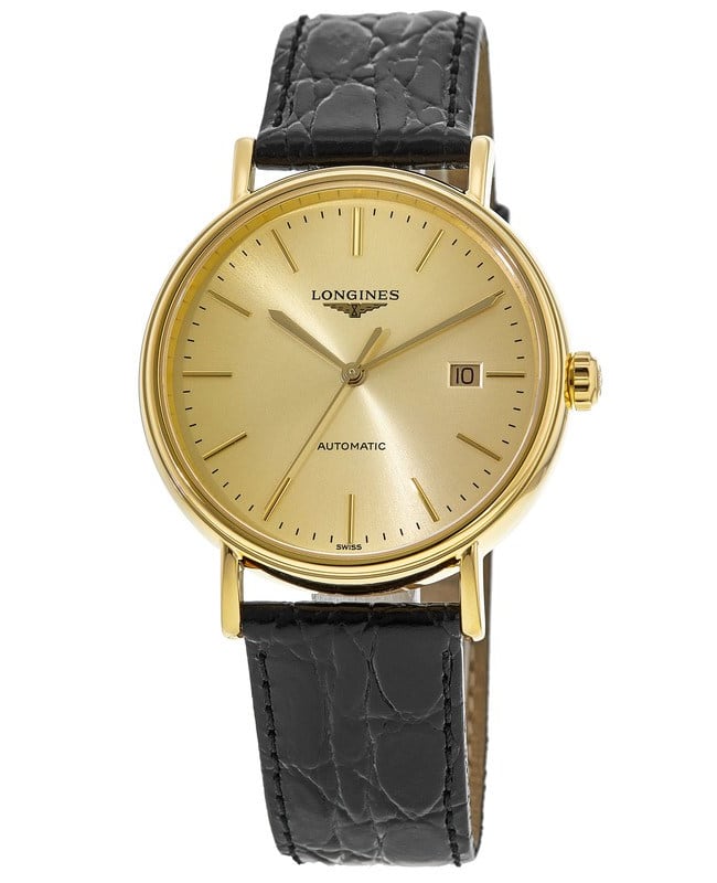 Longines Presence Automatic Gold Dial Black Leather Strap Men's