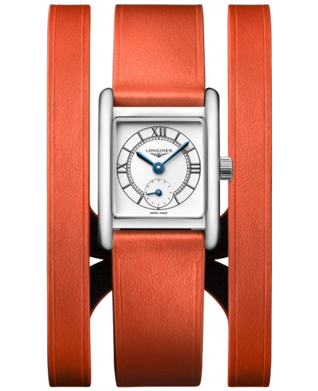 Longines DolceVita Quartz Mini Silver Dial Orange Leather Strap Women's Watch L5.200.4.75.8