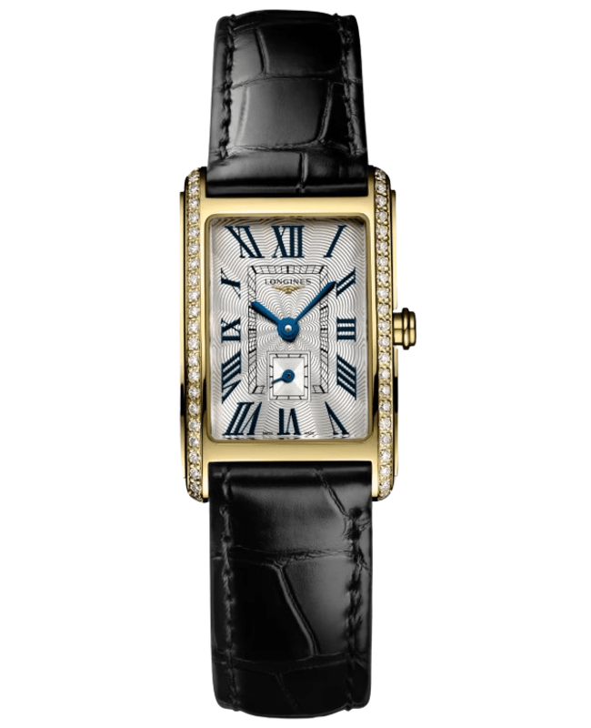 Longines DolceVita Quartz Silver Dial 18K Yellow Gold Diamond Bezel Leather Strap Women's Watch L5.255.7.71.0
