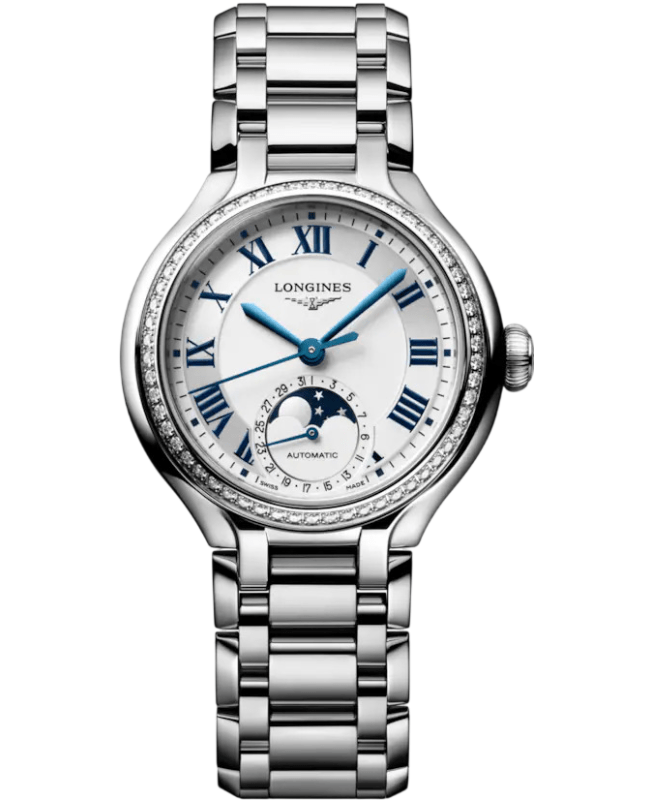 Longines Primaluna Moonphase Automatic Ivory Dial Diamond Bezel Steel Women's Watch L8.126.0.71.6