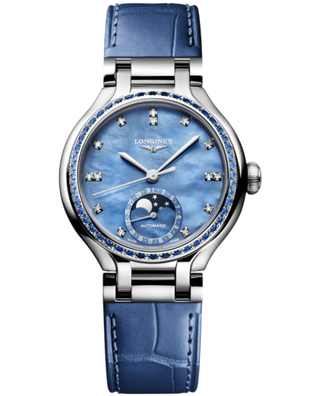 Longines Primaluna Moonphase Automatic Blue Diamond Dial Leather Strap Women's Watch L8.126.0.97.2