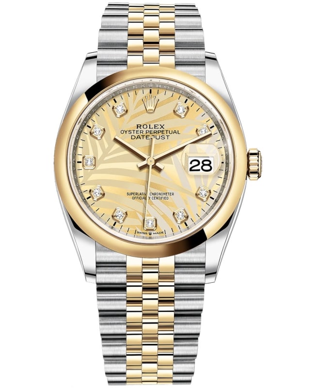 Rolex Datejust 36 Steel & Yellow Gold Golden Palm-Motif Diamond Dial Women's Watch M126203-0043