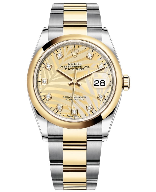 Rolex Datejust 36 Steel & Yellow Gold Golden Palm-Motif Diamond Dial Women's Watch M126203-0044