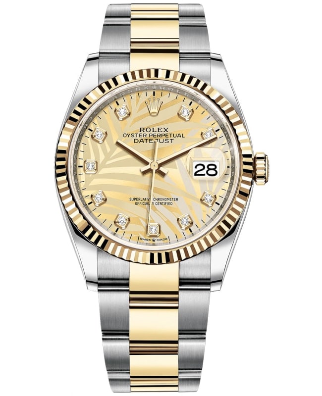 Rolex Datejust 36 Steel & Yellow Gold Golden Palm-Motif Diamond Dial Women's Watch M126233-0044