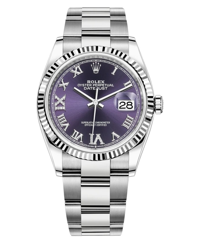Rolex Datejust 36 Stainless Steel Aubergine Diamond Pave Roman Dial Women's Watch M126234-0022