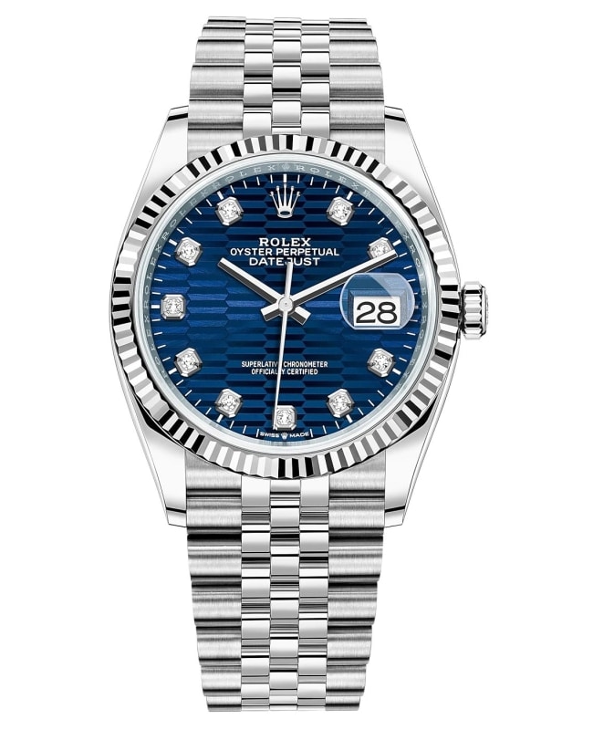 Rolex Datejust 36 Steel  White Gold Blue FlutedMotif Diamond Dial Womens Watch M1262340057 M1262340057