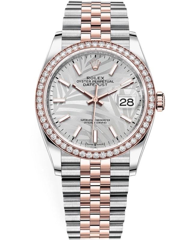 Rolex Datejust 36 Steel & Everose Gold Silver Palm-Motif Dial Diamond Bezel Women's Watch M126281RBR-0019