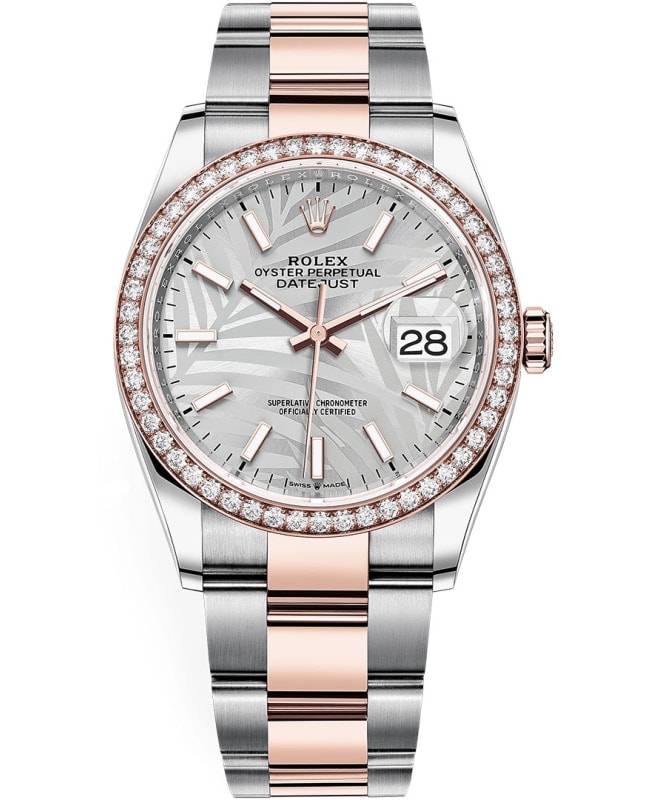 Rolex Datejust 36 Steel & Everose Gold Silver Palm-Motif Dial Diamond Bezel Women's Watch M126281RBR-0020