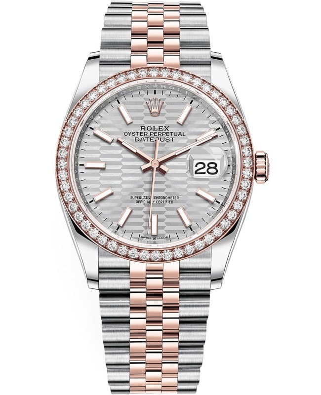 Rolex Datejust 36 Steel & Everose Gold Silver Fluted-Motif Dial Diamond Bezel Women's Watch M126281RBR-0021