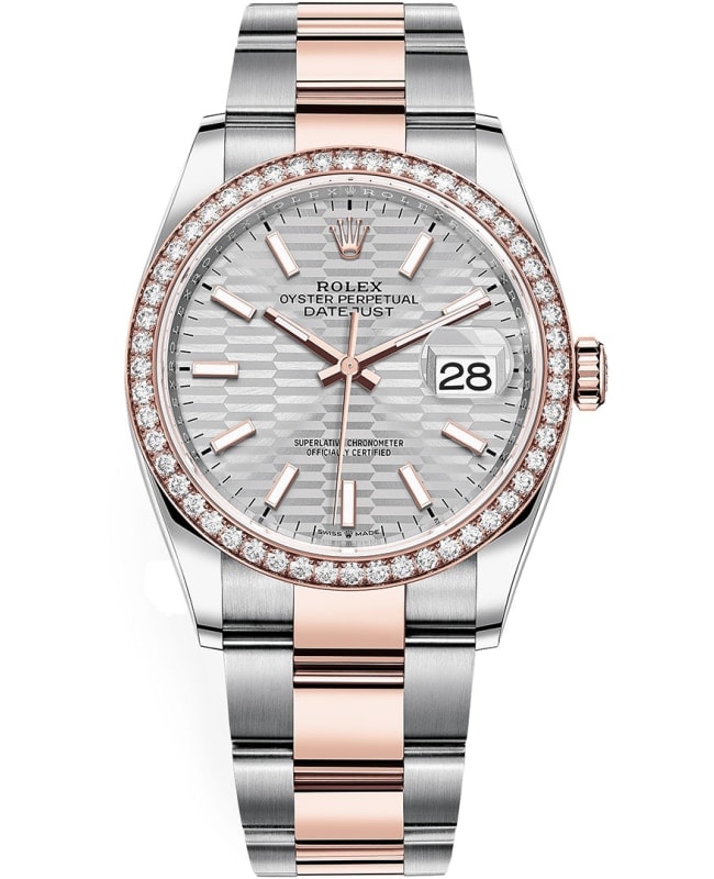 Rolex Datejust 36 Steel & Everose Gold Silver Fluted-Motif Dial Diamond Bezel Women's Watch M126281RBR-0022