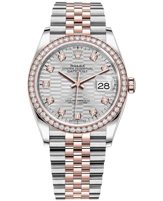 Rolex Datejust 36 Steel & Everose Gold Silver Fluted-Motif Diamond Dial Diamond Bezel Women's Watch M126281RBR-0027