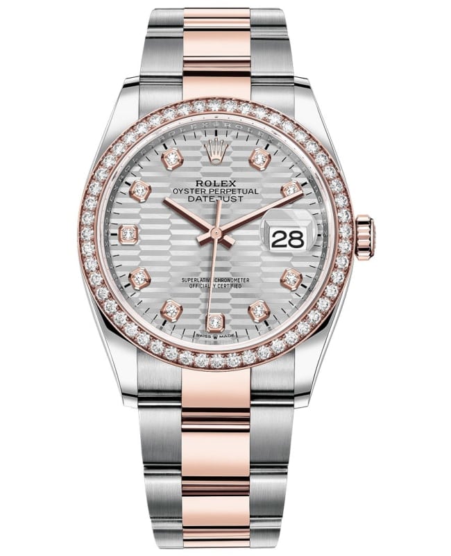 Rolex Datejust 36 Steel & Everose Gold Silver Fluted-Motif Diamond Dial Diamond Bezel Women's Watch M126281RBR-0028
