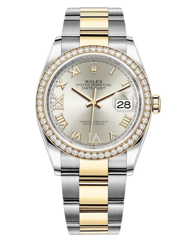 Rolex Datejust 36 Yellow Gold & Diamonds Silver Pave Roman Dial Women's Watch M126283RBR-0018