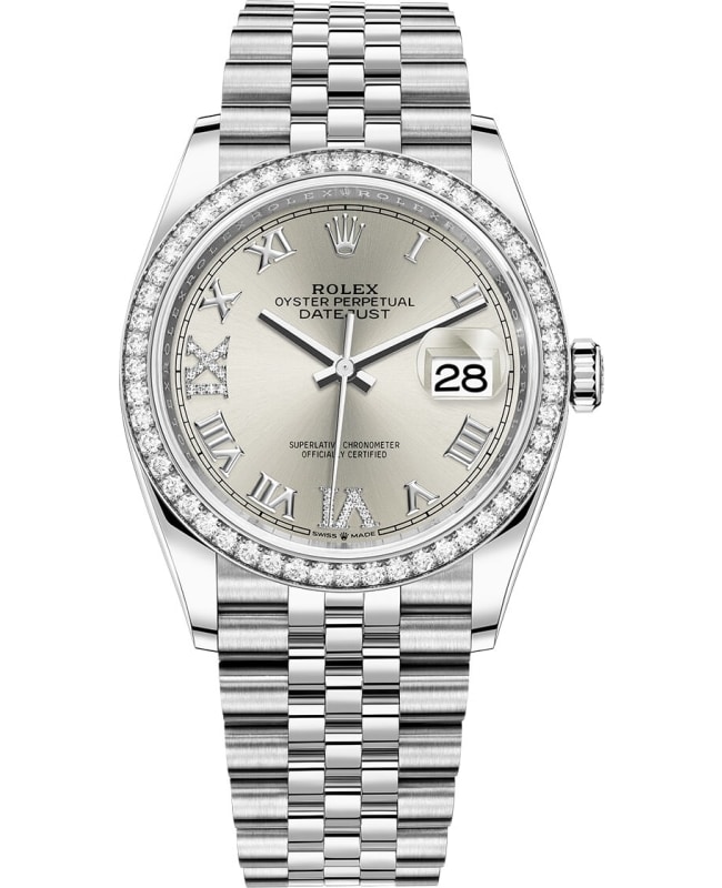 Rolex Datejust 36 White Gold & Diamonds Silver Pave Roman Dial Women's Watch M126284RBR-0021
