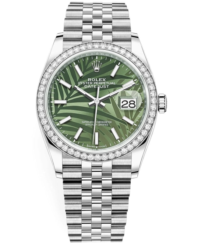 Rolex Datejust 36 White Gold & Diamonds Olive Green Palm-Motif Dial Women's Watch M126284RBR-0039