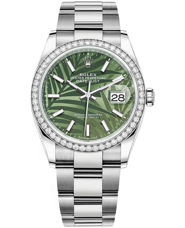 Rolex Datejust 36 White Gold & Diamonds Olive Green Palm-Motif Dial Women's Watch M126284RBR-0040