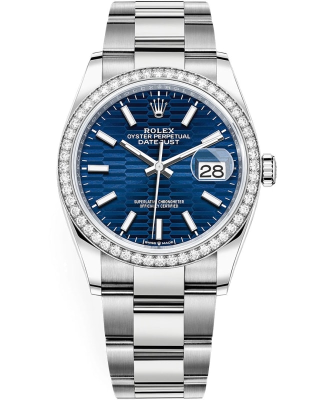 Rolex Datejust 36 White Gold & Diamonds Blue Fluted-Motif Dial Women's Watch M126284RBR-0042