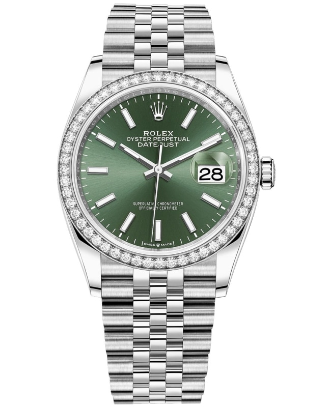 Rolex Datejust 36 White Gold  Diamonds Mint Green Dial Womens Watch M126284RBR0043 M126284RBR0043