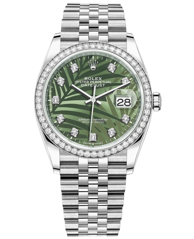 Rolex Datejust 36 White Gold & Diamonds Olive Green Palm-Motif Diamond Dial Women's Watch M126284RBR-0047