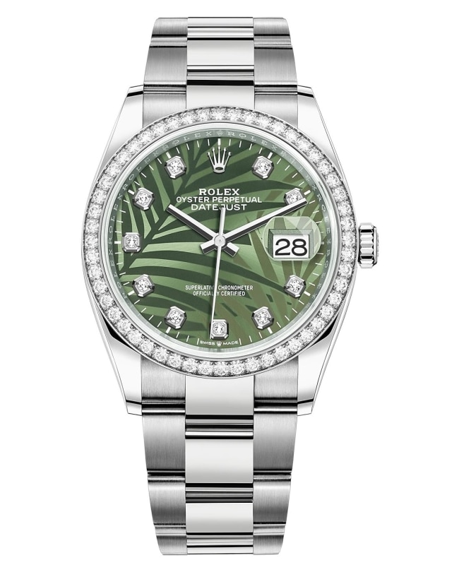 Rolex Datejust 36 White Gold & Diamonds Olive Green Palm-Motif Diamond Dial Women's Watch M126284RBR-0048