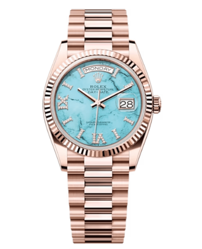 Rolex Day-Date Rose Gold Turquoise Diamond-Set Roman Dial Women's Watch M128235-0064